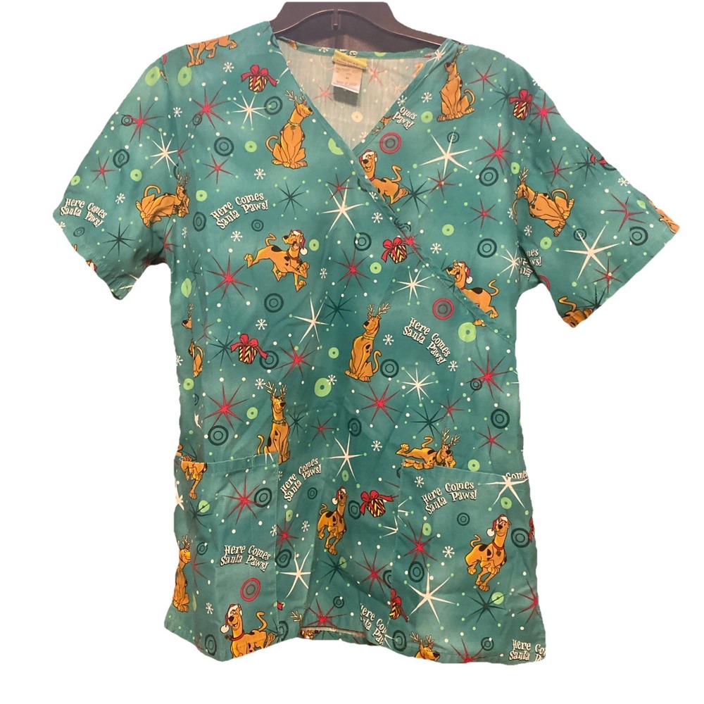 Scooby Doo Christmas Scrub Top Women's Size M with Ties Here Comes Santa Paws